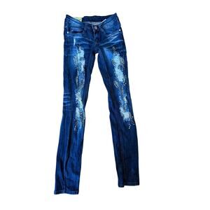 Machine‎ distressed dark wash denim jeans